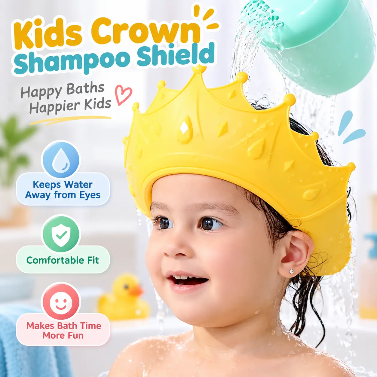 Adjustable Crown-Shape Baby Shampoo Cap, Kids Bath Time Bath Visor to Keep Water & Shampoo Away from Eyes & Ears, Comfortable Hair Washing Shield for Toddlers