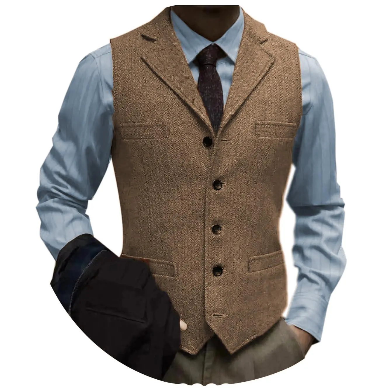 Men's Classic Single-Breasted Tweed Herringbone V-Neck Sleeveless Waistcoat - Fashion Menswear, Vintage Stylish Vest for Western Outfits, Outdoor Activities, Fabric, Aesthetics, Gentleman Style, Casual