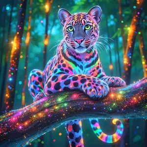 Neon Glow Leopard Magical Forest 5D Full Drill Diamond Painting Kit Vibrant Design with Shimmering Rainbow Spots and Sparkle Accents Fantasy Wildlife Art Style DIY Art For Home Wall Decor Ideal Gift For Big Cat And Craft Enthusiasts