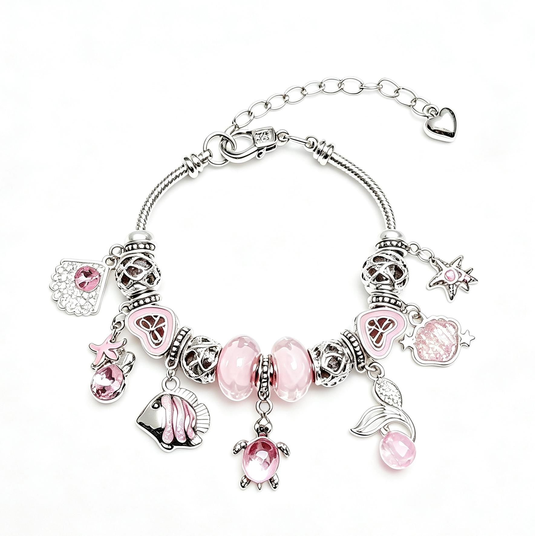 Pink Ocean Charm Bracelet for Women Girls - Silver-Tone Snake Chain with Sea Turtle, Tropical Fish, Starfish & Shell Pendants - Sweet Crystal Beaded Jewelry Gift Pink Ocean Charm Bracelet for Women Girls - Silver-Tone Snake Chain with Sea Turtle, Tropical Fish, Starfish & Shell Pendants - Sweet Crystal Beaded Jewelry Gift