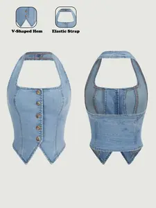 Women's Halter Denim Top, Single Row Vintage Button Decor, Strappy Back Design, V-Neck Crop Cami, Casual Summer Party Essential