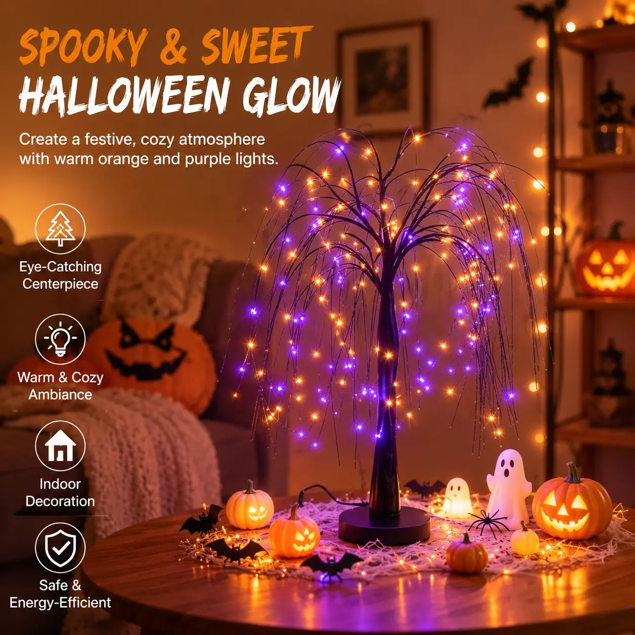 1 Count Simulated LED Willow Tree Light, Battery   &   USB Powered, 2-tone Decor Lamp for Halloween Indoor Table Home Decoration