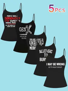 5 Piece Set Cool Quote Printed Strap Tops, European Style Casual Fashion Tank Top, Trendy Women's Clothing for All Seasons