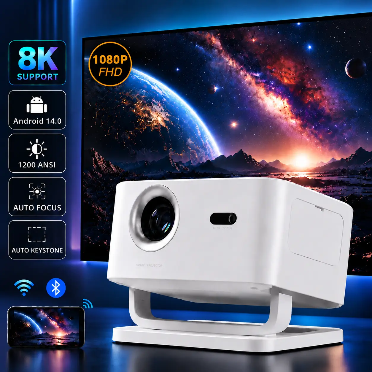 Qawtor X4AR Smart Projector, Android 14 Portable Projector with Auto Focus & Keystone Correction, 1200 ANSI, WiFi 6 Bluetooth 5.4, 8K Supported,1080P Native Projector,90° Adjustable Home Theater Projector