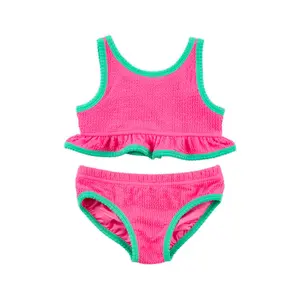 Aquamarine Green & Hot Pink Crinkle Two Piece Swimsuit - Girls Bikini Swimwear
