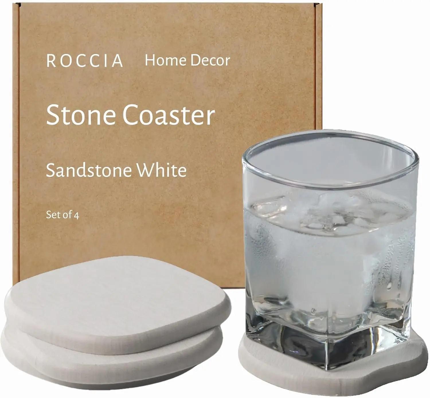 ROCCIA Home Decor White Sandstone Coasters Set of 4 Absorbent Diatomaceous Earth for Quick Drying Round Coasters for Drinks Modern Home Decor