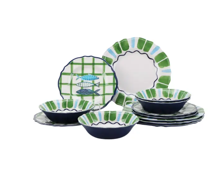 Beautiful 12-Piece Bamboo Melamine Dinnerware Set, Multi-Color by Drew Barrymore