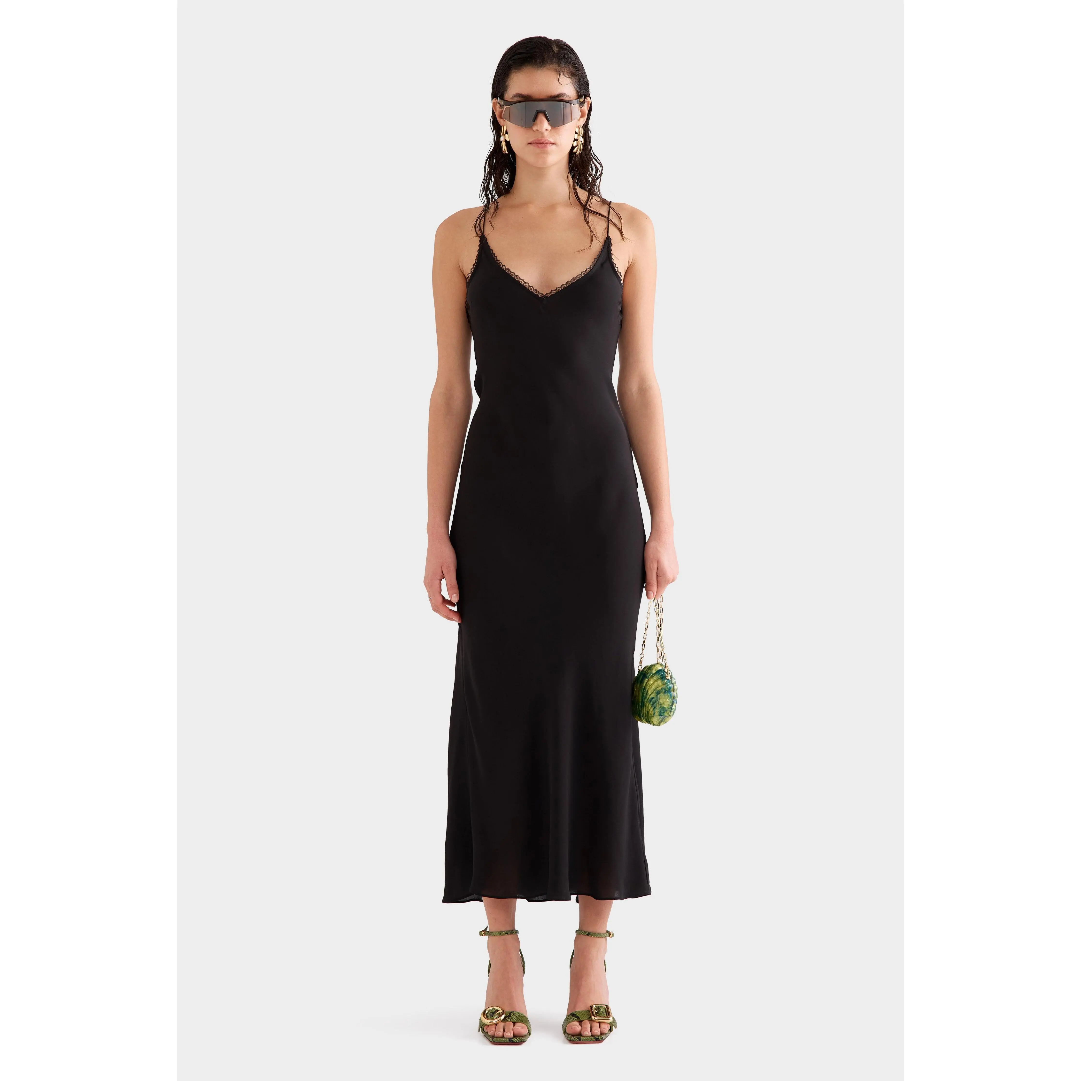 Lace Trim Silk Open Back Dress - Black