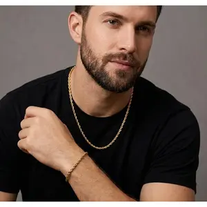 [Fashion Set] Punk-style twisted unique creative gold-plated waterproof hypoallergenic gold rope chain necklace and bracelet set - adjustable twisted link jewelry, the best gift for him or her