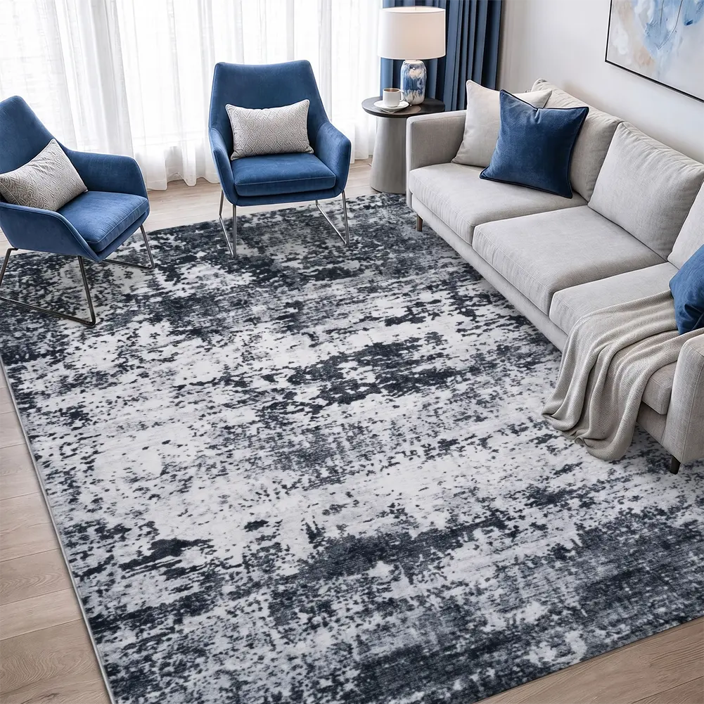 Modern Abstract Velvet Area Rug, Black and White Living Room Carpet, Minimalist Home Decor