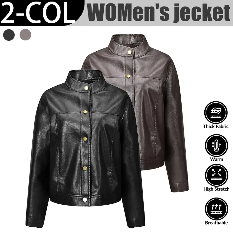 Women's Faux Leather Jacket, Casual Cropped Moto Coat with a Stand Collar, Slim Fit Zip-Up Design, Lightweight Body Flattering Streetwear with Long Sleeves, Fitted, Body Flattering Women's Casual Jackets, Tops, Style, Soft