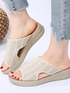 Women's PU Sole Massage Insole Slip-On Slippers, Textile Fabric Embossed Design, Lightweight Comfortable Fashion Shoes for Walking Work