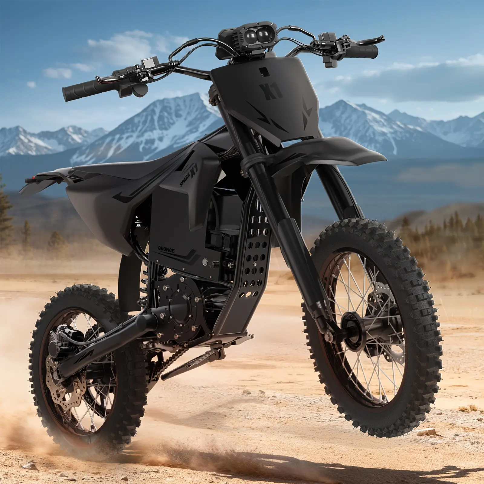 QRONGE X1 Spark Electric Dirt Bike, with 60V 28.8Ah Battery, 4500 Peak Motor, 50MPH, 14"/12" Off-Road Tire, Dual Hydraulic Brakes, Full Suspension, Suitable for Mountain Off-Road Camping, Electric Motorcycle for Mountain Off-Road Adults Teens(Black)