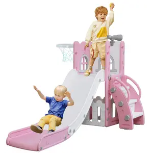 Castle Toddler Slide, 6 in 1 Kids Indoor Slide for Toddlers 1-3, Baby Slide for Indoor Outdoor with Basketball Hoop and Telescope, L Shaped Slide for Kids Toddler Slide Playset (Pink&White)