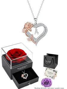 Mother's Day Gift Heart Letter Pendant Necklace, Rose Zirconia Charm, Elegant Gift Box Set for Mom & Lover, Birthday Holiday Present, Necklace Initial, Heart Design Necklace