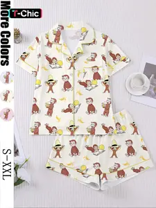 Women's Monkey Banana Print Sleepwear Set, Comfortable Short Sleeve Button Shirt & Loose Elastic Shorts, Fashion Casual Home Wear, Pajama Set