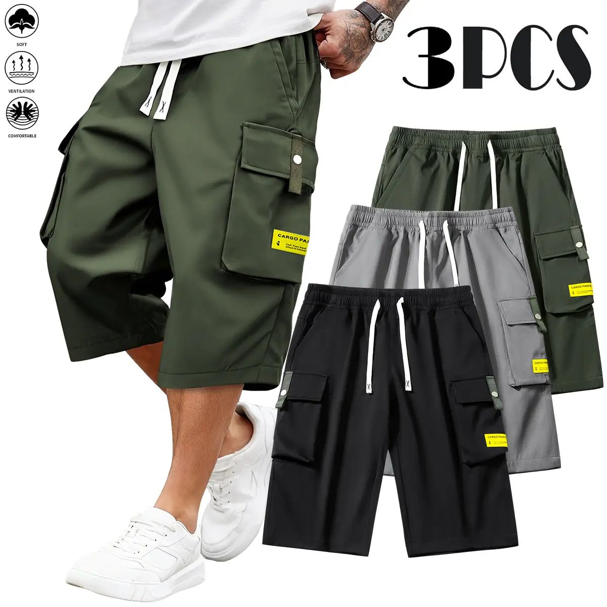 Summervibes-Men's Large Pocket Cargo Cropped Pants, Loose Fit 7/8 Length Utility Bottoms with Slight Stretch, Breathable Lightweight Casual Trousers for Summer, Hiking & Daily Streetwear