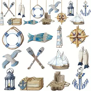 Summer Wood Decorations Set, Ocean Beach Tree Ornaments, Coastal Nautical Wooden Hollow Hanging Decor, Home Party Office Decoration