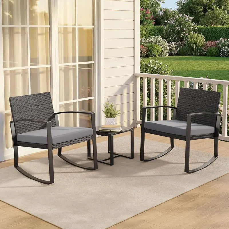 GIZOON 3 Pieces Patio Furniture Set Rocking Bistro Set Outdoor Rattan Conversation with Coffee Table for Garden Balcony Backyard Poolside (Grey Cushion) GIZOON 3 Pieces Patio Furniture Set Rocking Bistro Set Outdoor Rattan Conversation with Coffee Table for Garden Balcony Backyard Poolside (Grey Cushion)