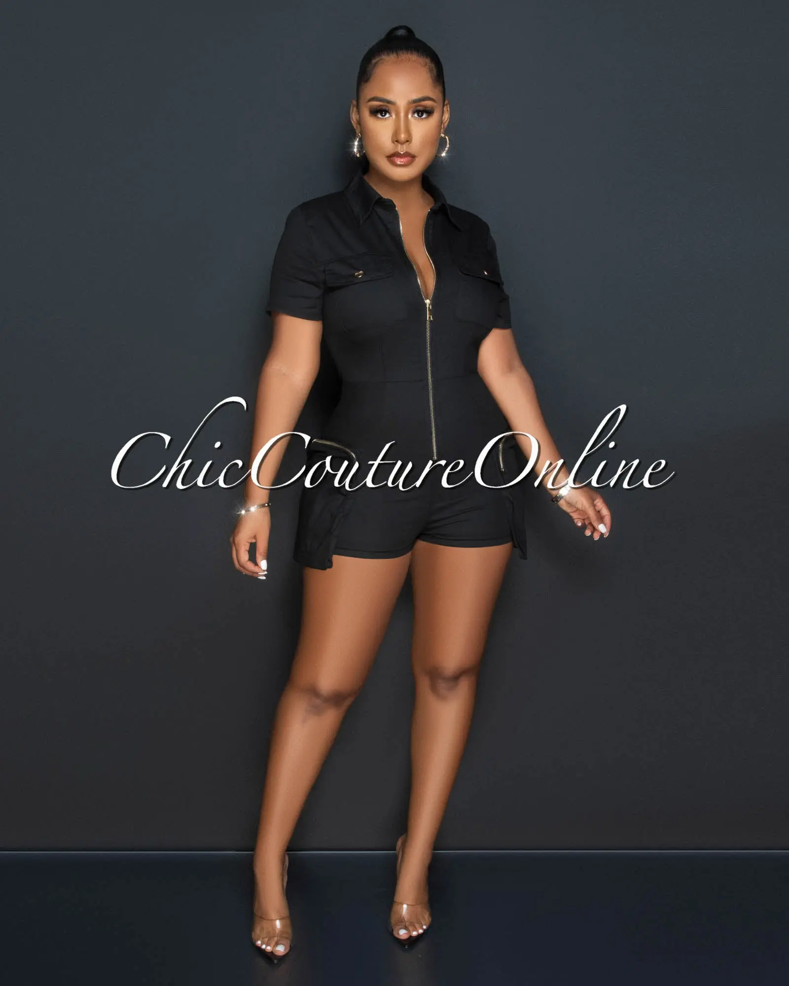*Sidney Black Cargo Pockets Utility Romper