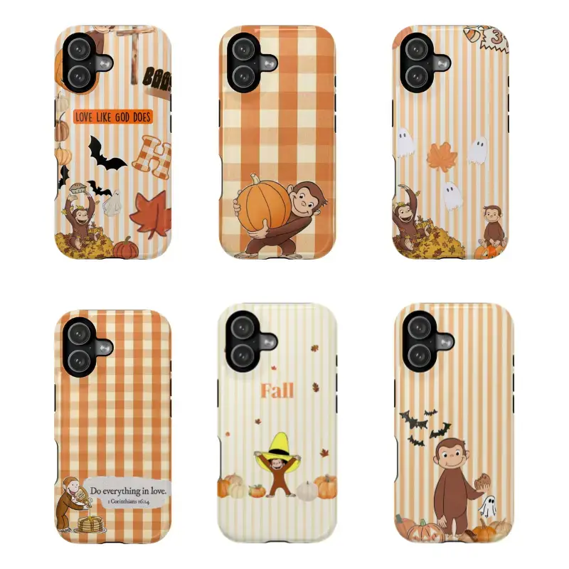 Curious George Autumn Phone Case featuring a cute monkey, pumpkins, plaid, and Bible verse design. Compatible with iPhone 11–17 Pro Max and Samsung S22–S25. Lightweight, durable, and perfect for fall lovers.