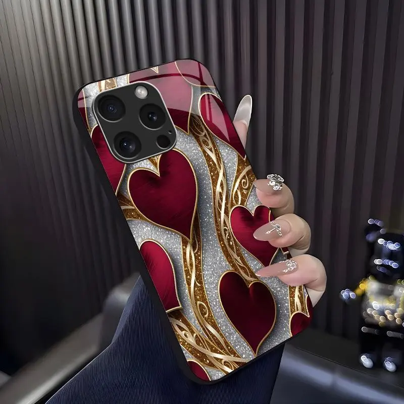 Luxurious romantic heart case for iPhone 16 Pro Max, elegant gold trim love pattern cover, best gift for her, anniversary, aesthetic phone accessory — 975