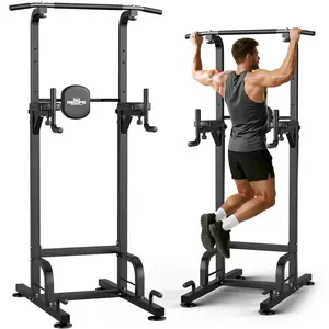 RELIFESPORTS Power Tower Dip Station 450LBS Capacity H-Shaped Frame Adjustable Height 9 Levels Non-Slip Suction Cups Easy Install Full Body Home Fitness Equipment
