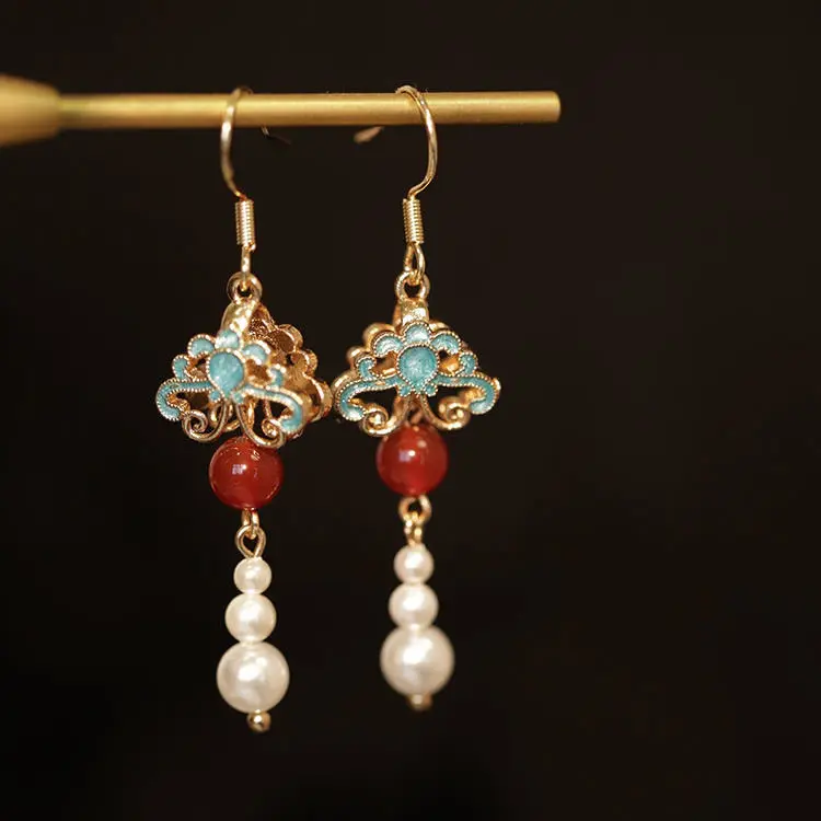 N PLUS Unique Pearl Long Antique Earrings 2025 New Burnt Blue Butterfly Earrings National Style Earrings Cheongsam Hanfu Accessories