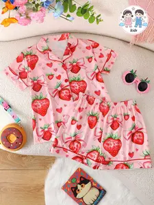 Girls' Fitted Sleepwear Set, Short Sleeve Button-Front Top & Shorts, Cartoon Pattern Design, All-Season Wear, Casual Style