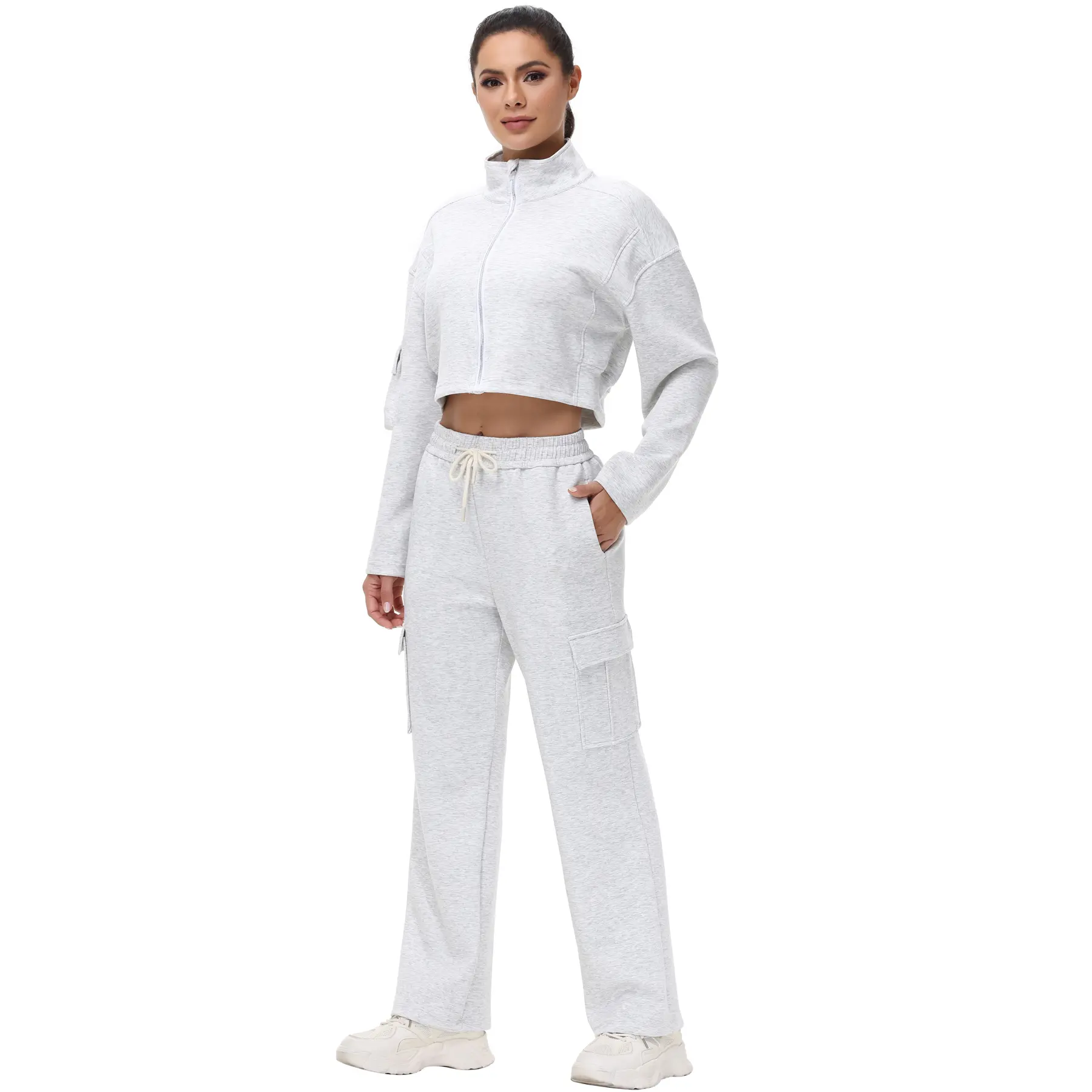 Women's 2 Piece Casual Cargo Tracksuit Set - Zip Long-Sleeve Jacket with Wide Leg Sweatpants Outfits Activewear