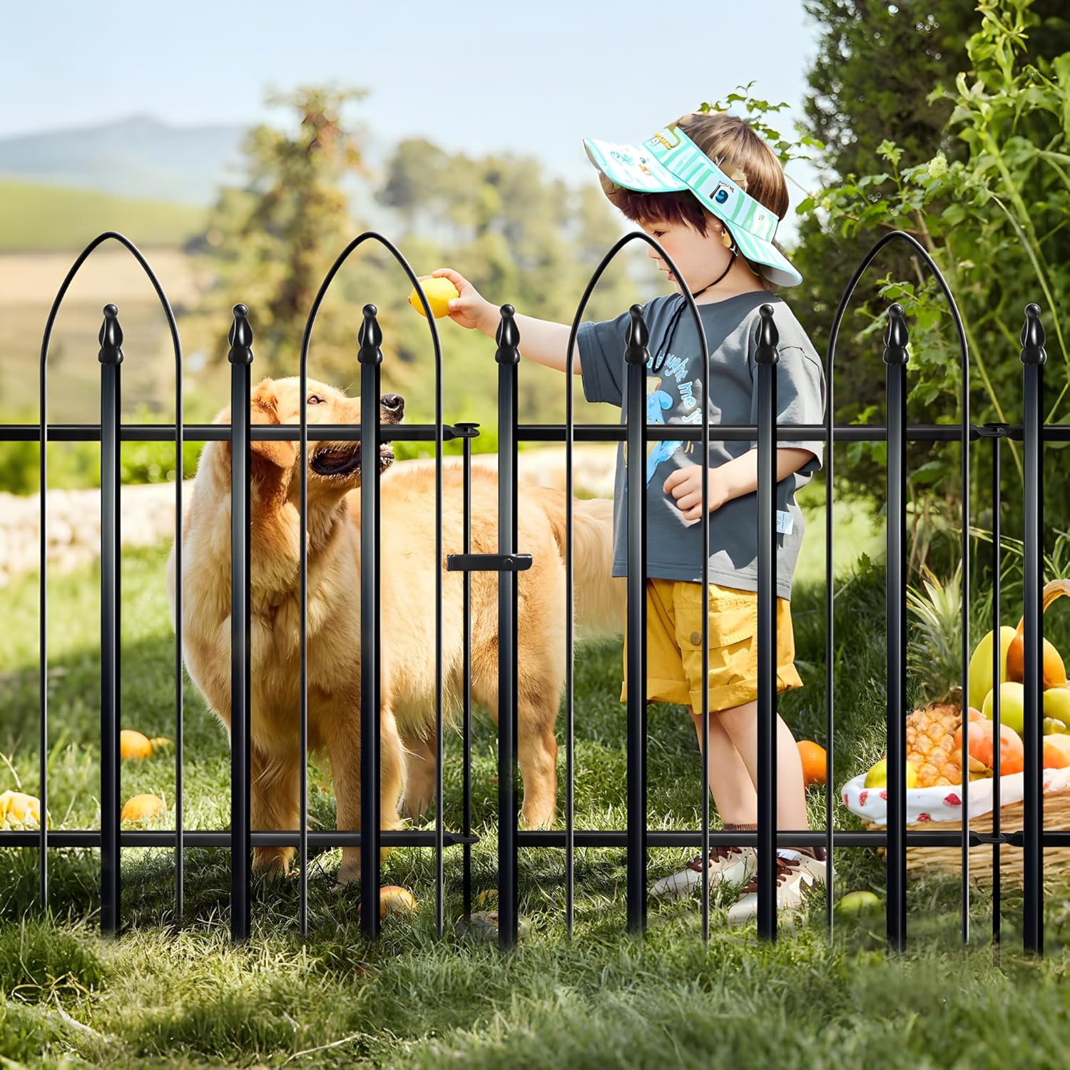 Arifaro Black Garden Fence — 32" High x 24" Wide (Includes 4 Panels + 1 Gate; Total Length: 10 Feet); Decorative Metal Border Fencing; Rust-Resistant Landscape Fence — Ideal for Dog Barriers, Flower Beds, Gardens, Patios, and Animal Enclosures.