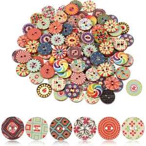 100 count Multicolor  Wooden Buttons, Round, 1.5cm (0.59 inch), Assorted Floral Patterns, Ideal for Sewing, Knitting, Crocheting & Scrapbooking