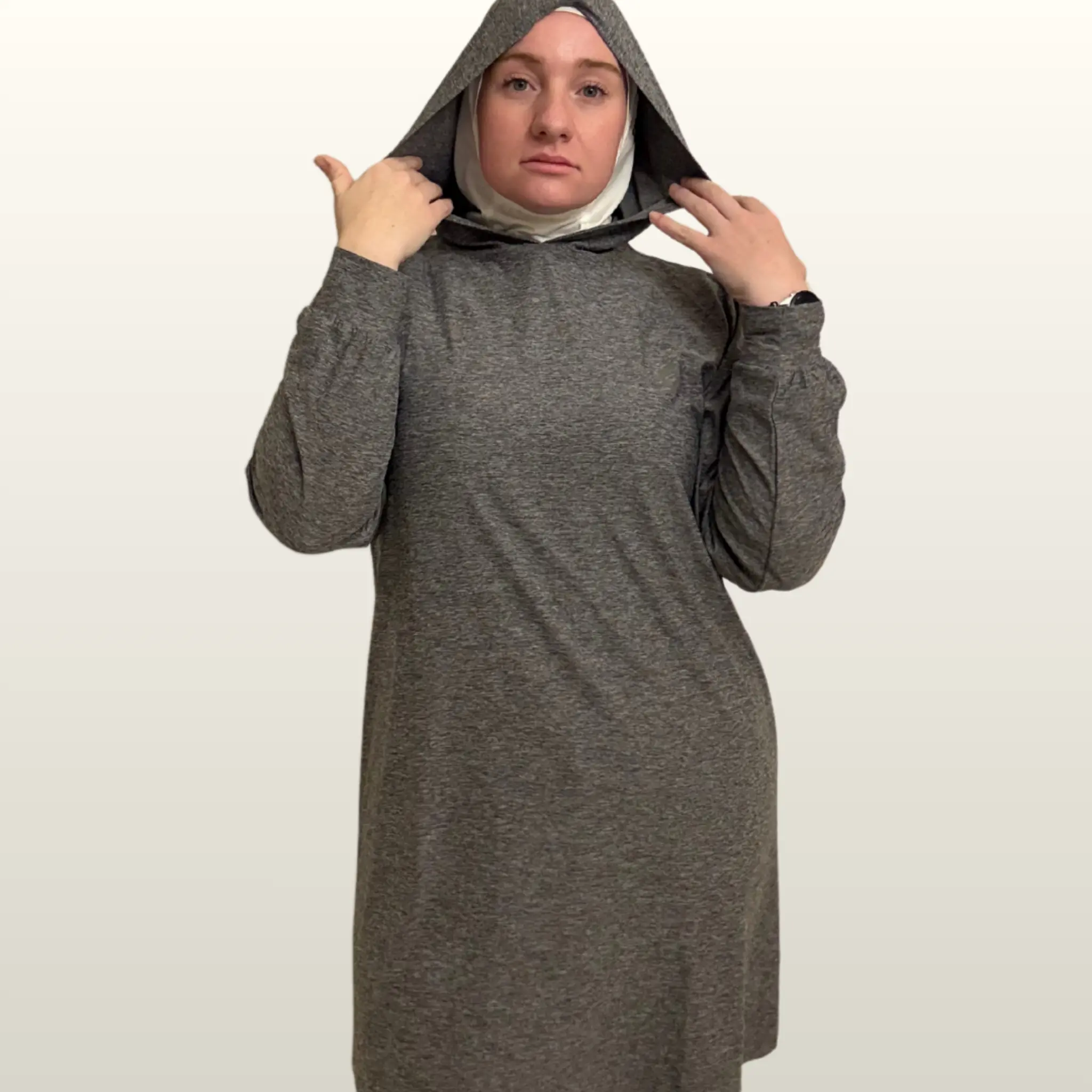 Hijabi Women's Gray Hooded Top - Lightweight, Moisture-Wicking Fabric for Comfort, Moves with You - Full Coverage Athletic Fit - Ideal for Yoga, Gym - XS/S Modest Islamic Sportswear for Female