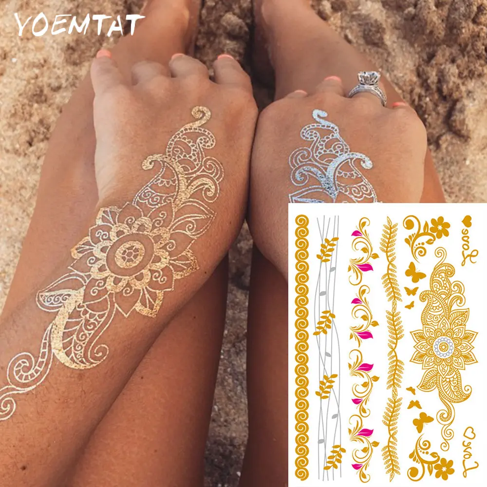 Waterproof Temporary Tattoo Sticker Flowers Leaf Mandala Henna Golden Silvery Metallic Flash Tatoo Boho Lotus Glitter Body Art Sticker Tattoos Temporary Tattoos Stickers