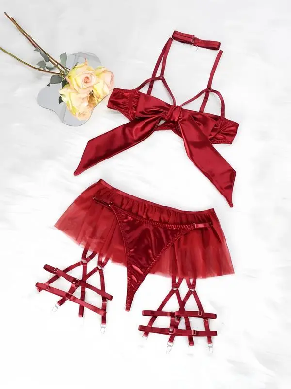 Women's Soft Breathable Silk Bow Lingerie Set - Lady's Solid Minimalist Nightwear, Valentine's Day Red Love Gift, Soft Breathable Lingerie, Chic, Sweet, Valentines Day, Push-Up, Solid Plain, Basic, Style, Partner, Sweet Look, Clothes, Soft Silk