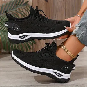 Women's Lightweight Breathable Knit Sneakers – White Lace-Up, Non-Slip Sole, Comfortable Casual Shoes for Elderly & Daily Walking