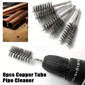 6 Packs Heavy-Duty Stainless Steel Extended Copper Tube Pipe Cleaner Set, 1/2” 3/4” 1” Bore Brushes with 1/4" Hex Shank for Power Drills, Drill-Powered Pipe Cleaning, Plumbing, HVAC, Industrial & Laboratory Use