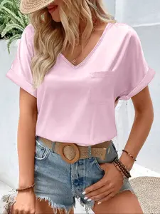 Summer Women's Satin V-Neck Pocket Basic T-Shirt, Loose Fit Batwing Sleeve Top, Casual Plain Blouse, Roll-Up Short Sleeves