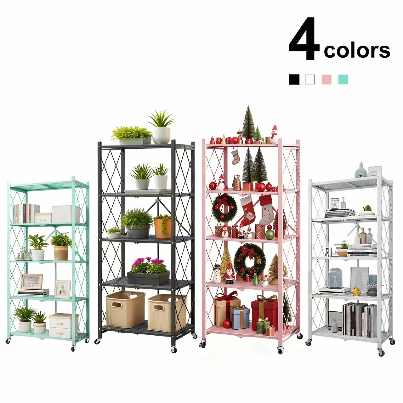 3/4/5-Tier Portable Multifunctional Storage Rack, Floor-Standing Storage Rack with Lockable Wheels, Space-Saving, No Assembly, Foldable Storage Shelf with Durable Carbon Steel Frame for Bedroom, Balcony, Garden, Standing Shelf