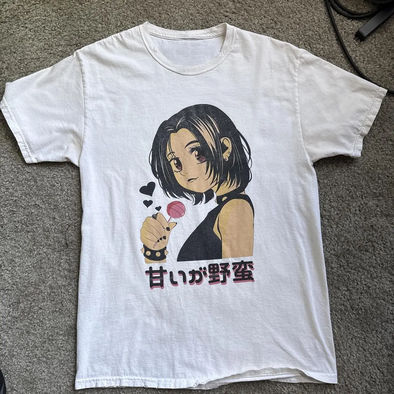 Anime Girl Lollipop Graphic Tee, White Japanese Style T-Shirt, Y2K Manga Aesthetic Shirt, Cute Kawaii Streetwear Top, Retro Anime Tee