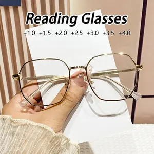 Women's Metal Geometric Multifaceted Full Frame High-End Luxury Retro Fashion Reading Glasses, Square Frame Eyeglasses, Stylish Holiday Gift