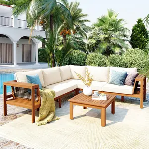 GO 4 Pieces Outdoor Acacia Wood Sofa Set, Woven Mesh Armrests, L-Shaped Patio Furniture Sofa Set with Coffee Table, Outdoor Conversation Set with Beige Cushions and Side Table, Teak Color Look