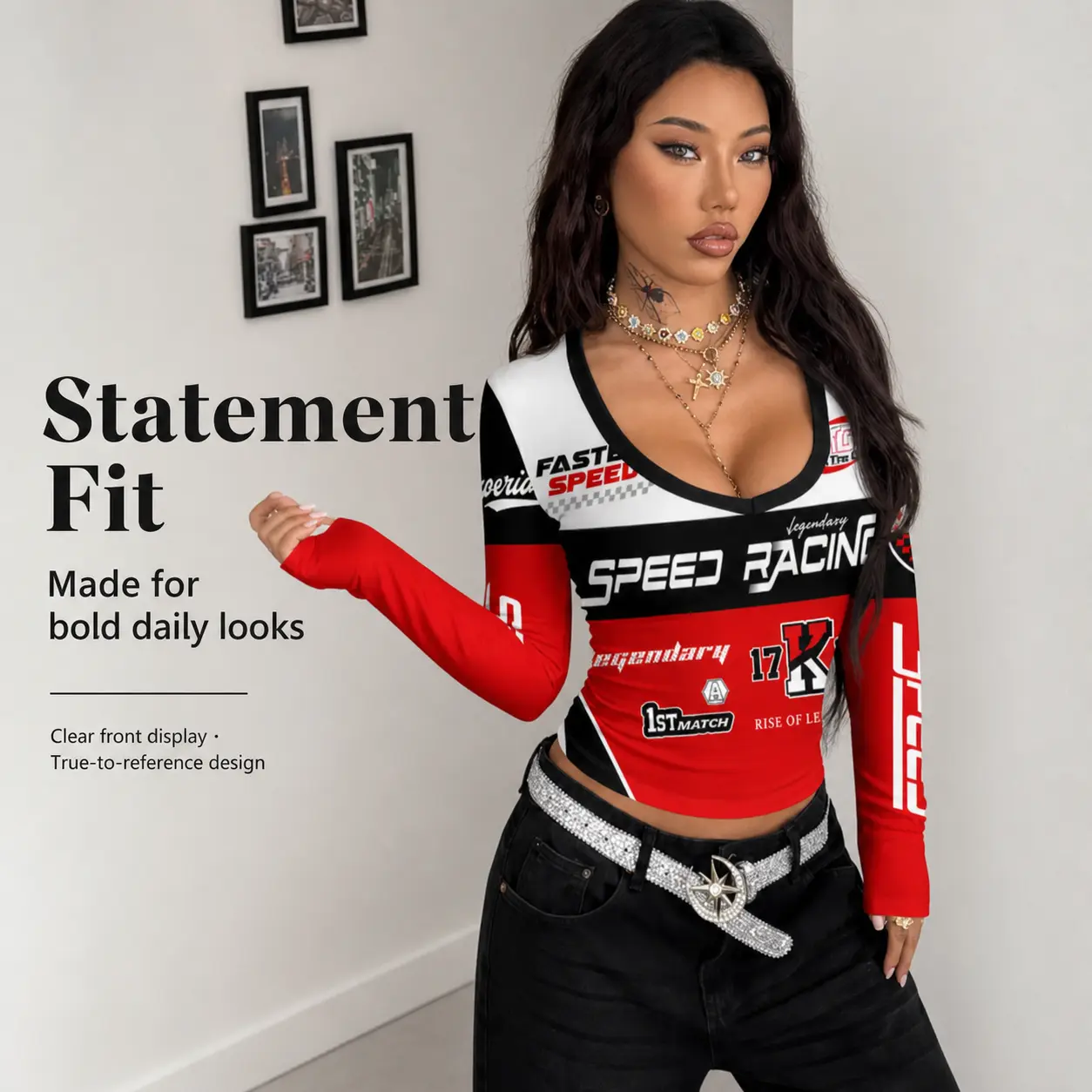 Women U Neck Racing Letter Color Block Print Fitted Crop Long Sleeve Streetwear Top