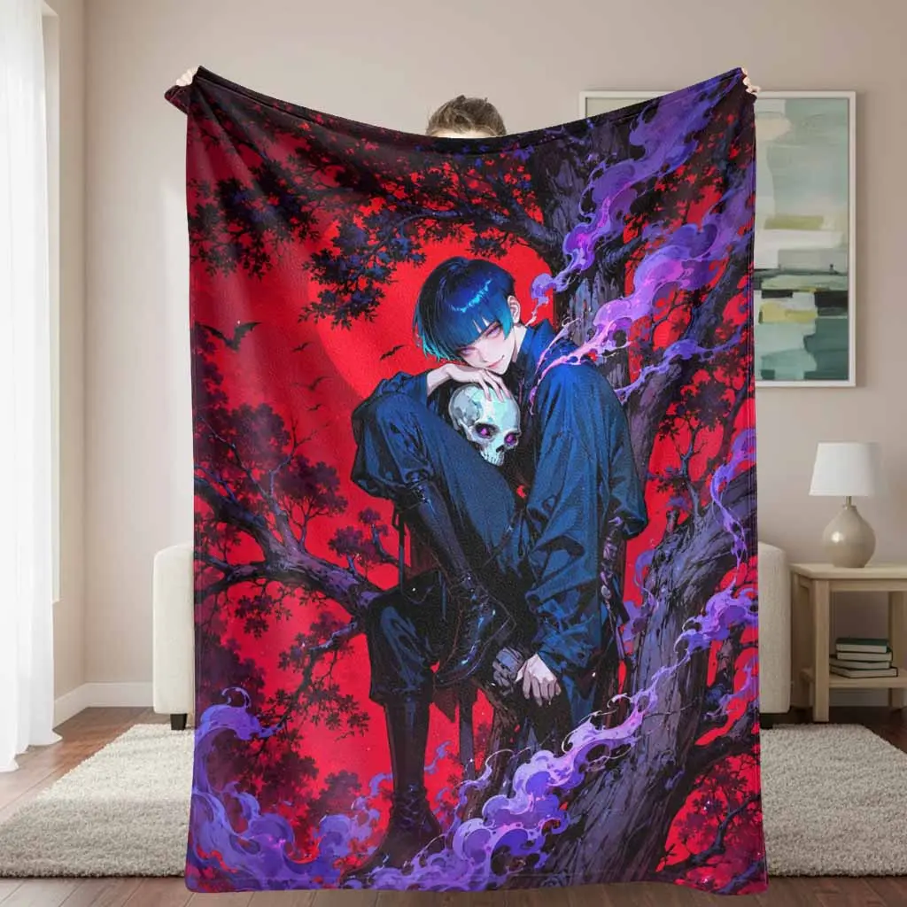 Gothic Night Vampire Flannel Throw Blanket, Skull and Moon Art Print, Soft Cozy Warm Lightweight Decorative Blanket for Bedroom, Halloween Party, Horror Lover Gifts