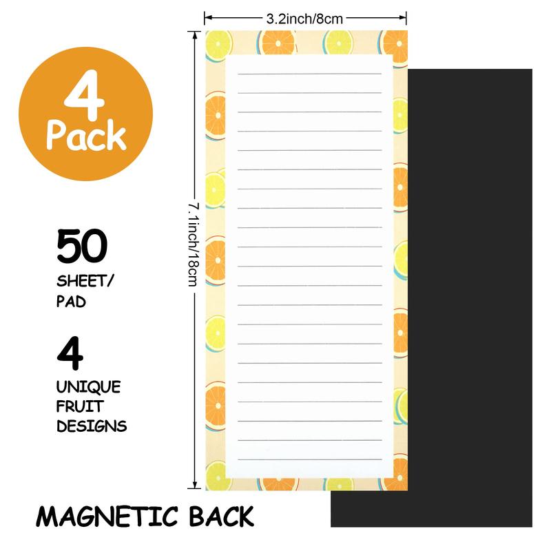 4 Pack Magnetic Notepads for Refrigerator, Fruit Design Grocery List Pad for Fridge, Full Magnet Back Shopping Lists, 50 Sheets Per Note Pads
