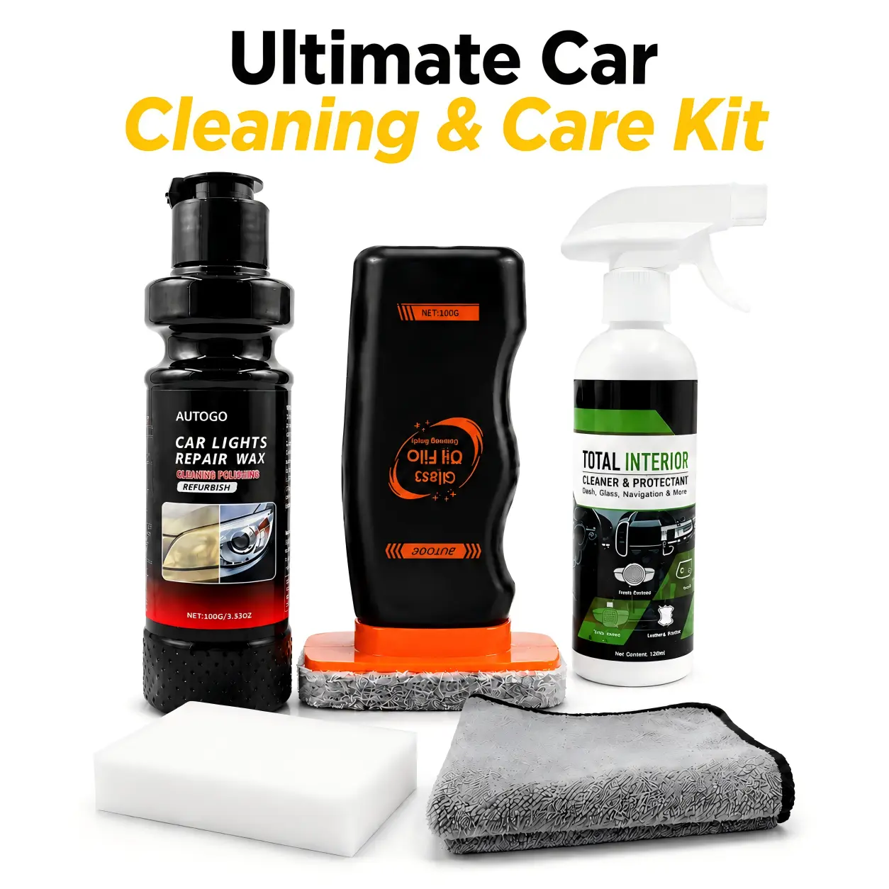3-Pack Car Care Kit - Automotive Interior Stain Remover, Headlight Polish, Glass Water Spot Remover for Car Washing & Maintenance