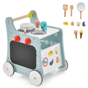 6-in-1 Wooden Baby Stroller with Play Kitchen-Blue