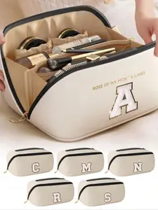 Multifunctional Makeup Bag, A-Z Initials, Waterproof PU Leather, Skincare and Toiletries Storage, Large Capacity, Portable Cosmetic Case, Makeup Pouch, Travel Cosmetic Bags, Makeup Organizer Pouch