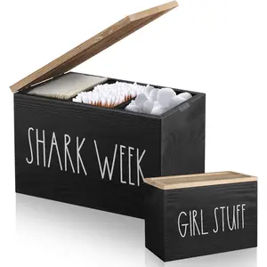 Tampons Holder for Bathroom, Pad and Tampon Organizer with Tray Lid, Wooden Feminine Product Shark Week Tampon Storage Organizer, Bathroom Accessories Small Storage Box - Black