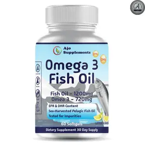 Ajo Supplements Omega 3 Fish Oil 2600mg - 1200mg Fish Oil + 720mg Omega-3 + 432mg EPA + 288mg DHA - Best Essential Fatty Acids - Premium Burpless Softgel, 60ct